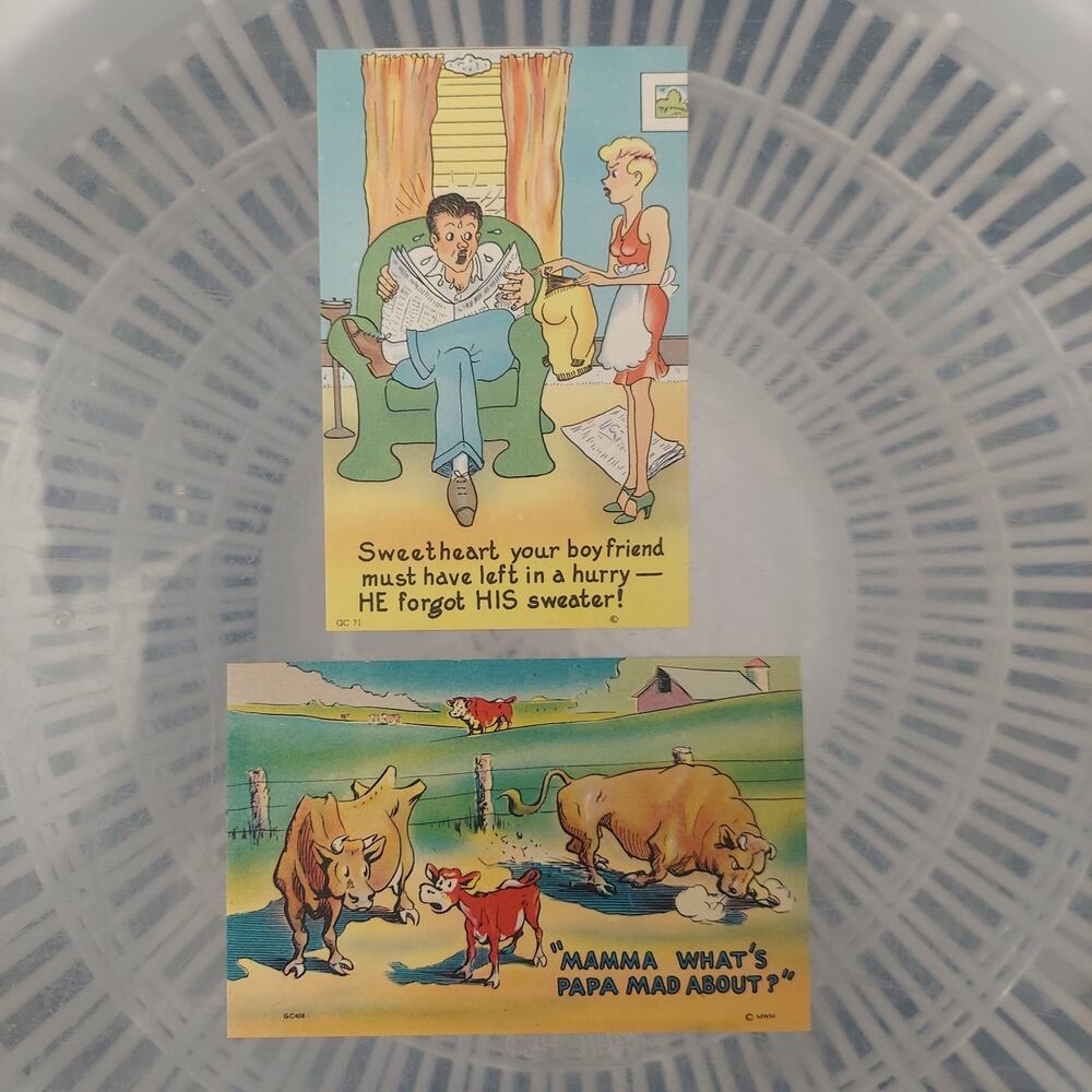 Vintage Asheville Post Card Company Cheating Gag Comic Linen Lot 2 Count